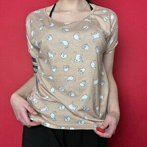 Hide & seek / Light brown button up tee with white kitty graphic pattern‌‌‌‌